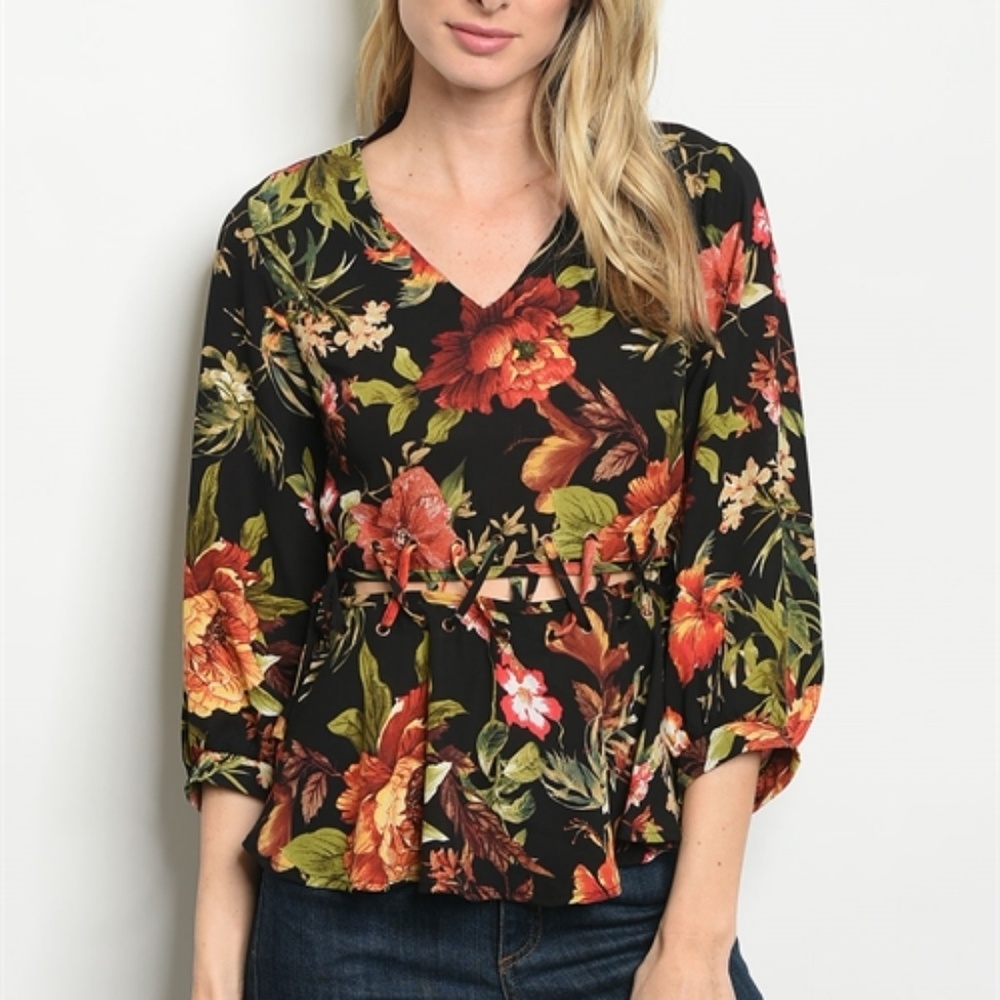 NWT Black Floral Blouse w/ adjustable mid-section